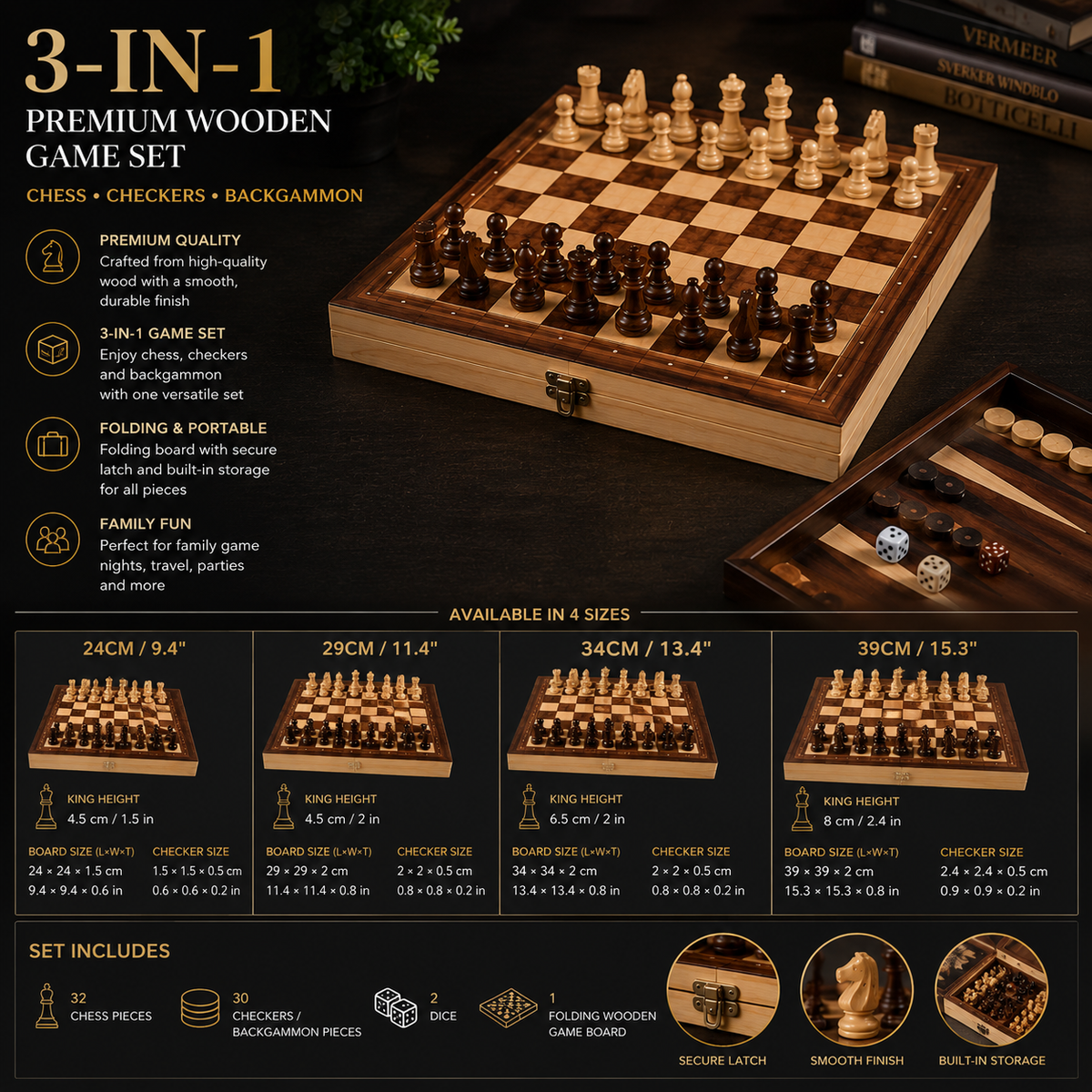 3 in 1 Chess Checkers & Backgammon Set
